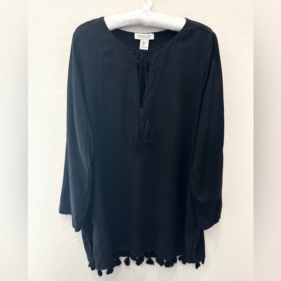 RACHEL ZOE |  Black Linen Blend Boho Beachy Oversized Pom Pom Tunic Top | Large - Picture 1 of 7